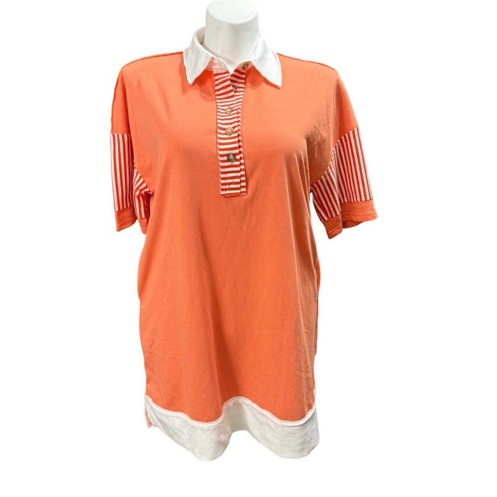 Jodifl Kamren Dress Orange White Striped Polo Mini French Terry Pockets L NWT